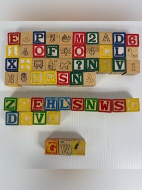 Vintage Wood Alphabet Building Blocks Wooden Letter Number Picture Lot of 54